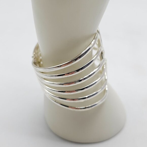 Vintage Boho Silver Tone Wide Multi Band Hinged Cuff Bracelet - Picture 2 of 5